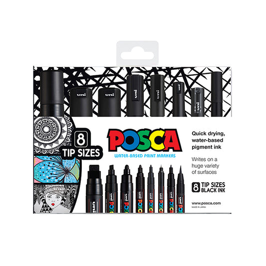 A set of 8 black Uni Posca markers in assorted tip sizes. The water based paint markers are quick drying and write on a huge variety of surfaces.