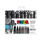 A set of 8 black Uni Posca markers in assorted tip sizes. The water based paint markers are quick drying and write on a huge variety of surfaces.