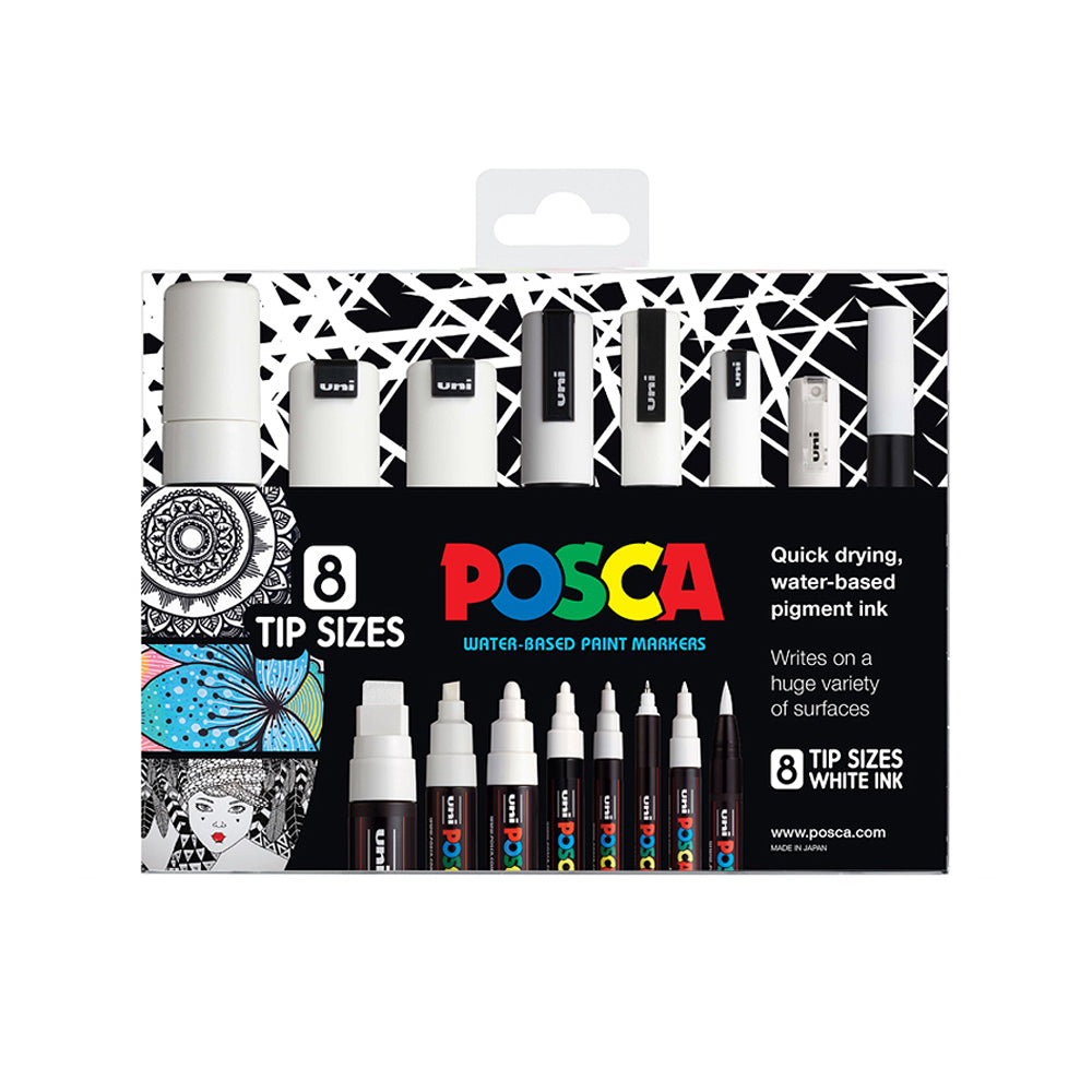 A set of 8 white Uni Posca markers in assorted tip sizes. The water based paint markers are quick drying and write on a huge variety of surfaces.