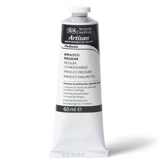 A 60 millilitre tube of Winsor and Newton Artisan impasto medium. The label reads that the product retains brush marks and speeds drying. 