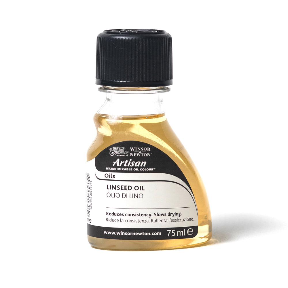 A 75 millilitre bottle of Winsor and Newton Artisan linseed oil with child-resistant lid. The label reads that the product reduces consistency and slows drying. 