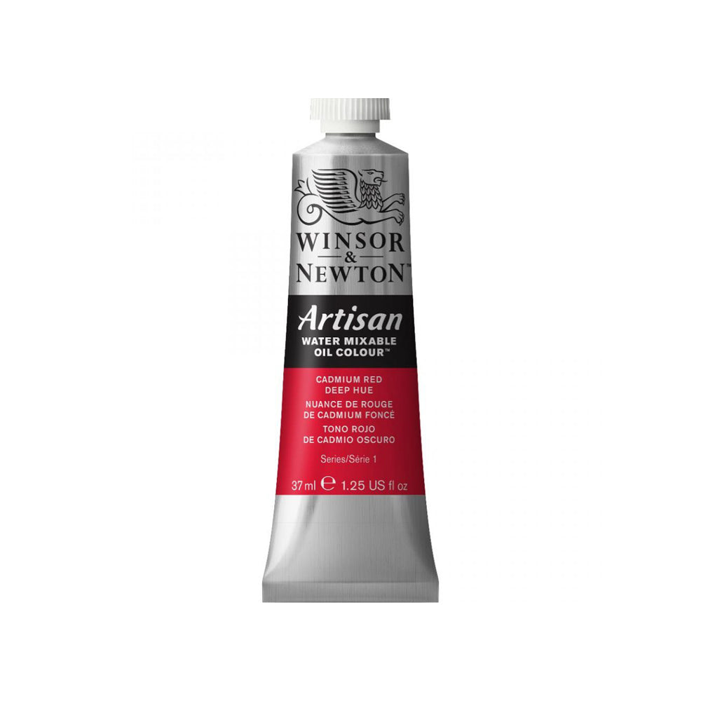 A 37 millilitre tube of cadmium red deep hue series 1 Winsor and Newton Artisan water mixable oil colour.