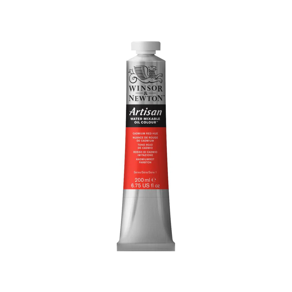 A 200 millilitre tube of cadmium red hue series 1 Winsor and Newton Artisan water mixable oil colour.