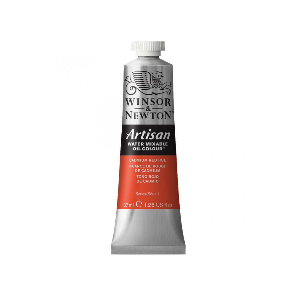 A 37 millilitre tube of cadmium red hue series 1 Winsor and Newton Artisan water mixable oil colour.