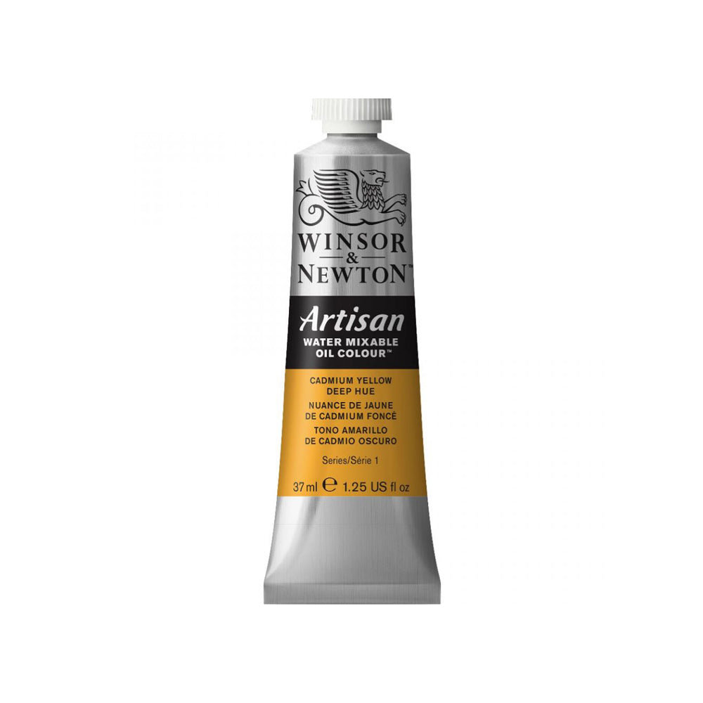 A 37 millilitre tube of cadmium yellow deep hue series 1 Winsor and Newton Artisan water mixable oil colour.