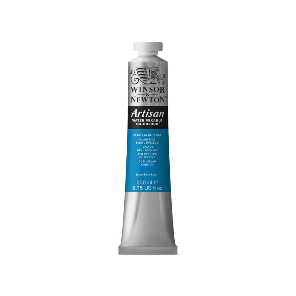 A 200 millilitre tube of cerulean blue hue series 1 Winsor and Newton Artisan water mixable oil colour.