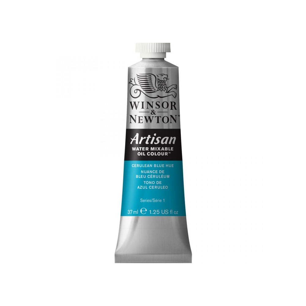 A 37 millilitre tube of cerulean blue hue series 1 Winsor and Newton Artisan water mixable oil colour.