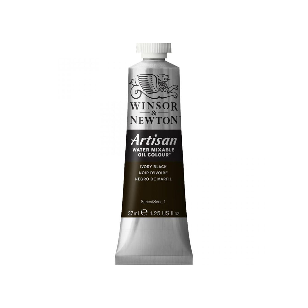 A 37 millilitre tube of ivory black series 1 Winsor and Newton Artisan water mixable oil colour.