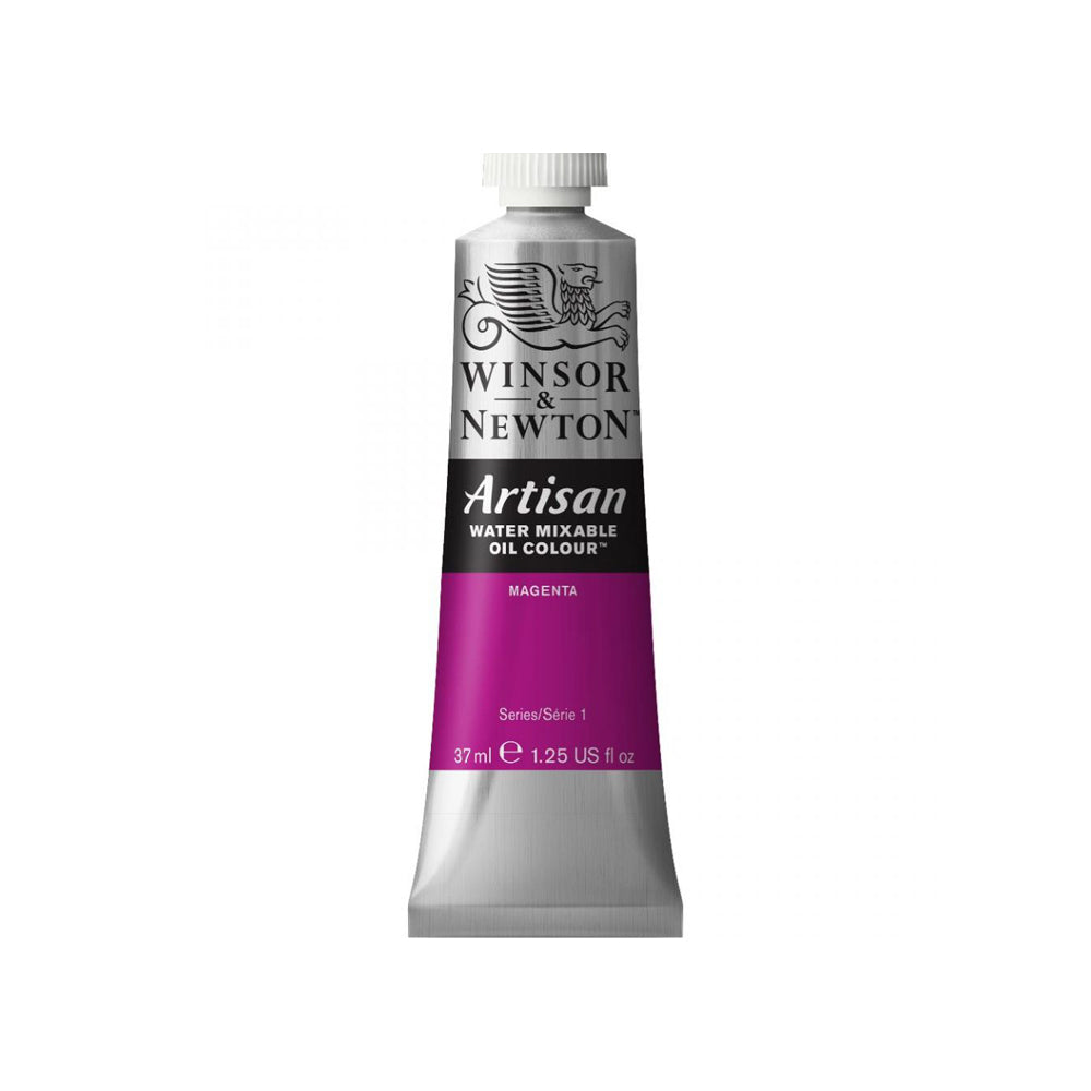 A 37 millilitre tube of magenta series 1 Winsor and Newton Artisan water mixable oil colour.