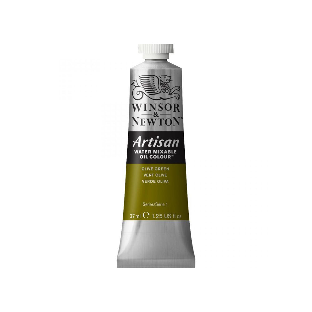 A 37 millilitre tube of olive green series 1 Winsor and Newton Artisan water mixable oil colour.