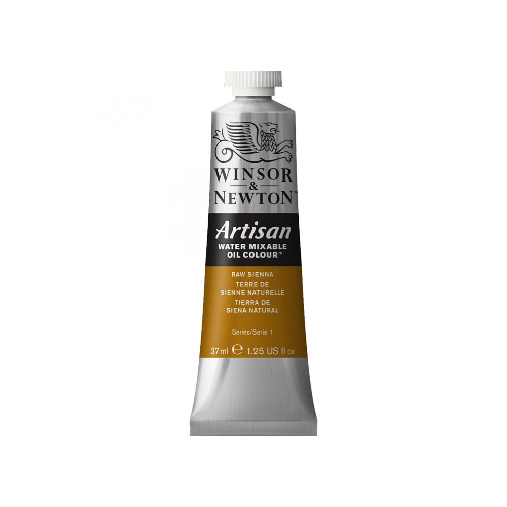 A 37 millilitre tube of raw sienna series 1 Winsor and Newton Artisan water mixable oil colour.