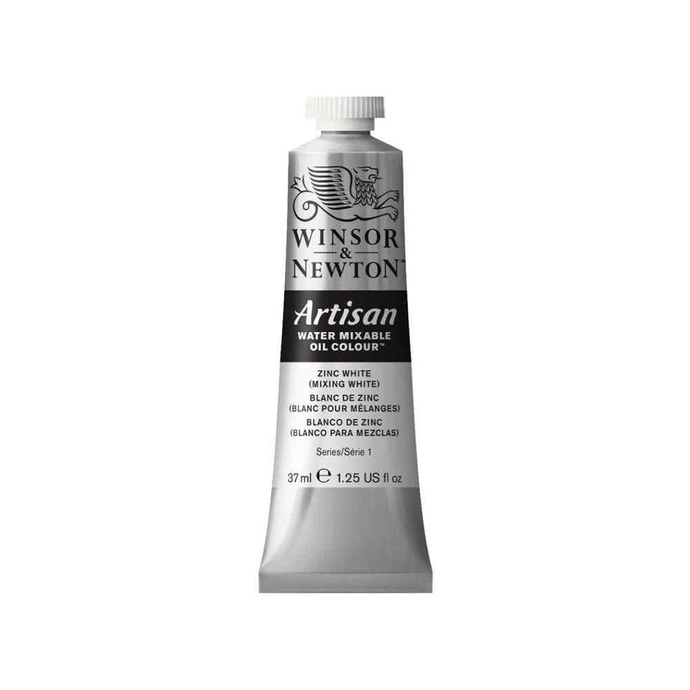 A 37 millilitre tube of zinc white, mixing white series 1 Winsor and Newton Artisan water mixable oil colour.
